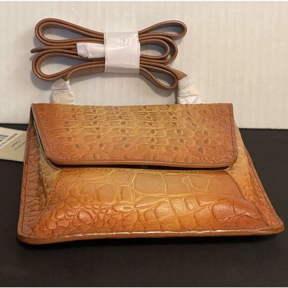 ANUSCHKA Croc Embossed Camel Genuine Leather Flap Crossbody Shoulder Bag Purse - Picture 9 of 10